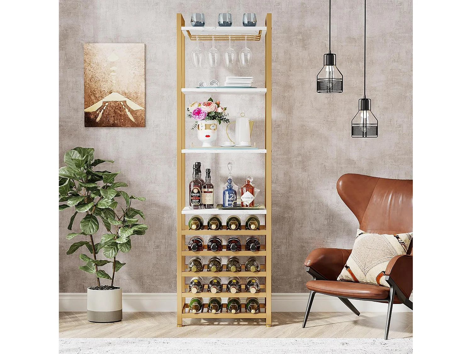Wijnrek, 9-laags vrijstaand flessenrek met glazenhouder en opbergplanken, wit en goud