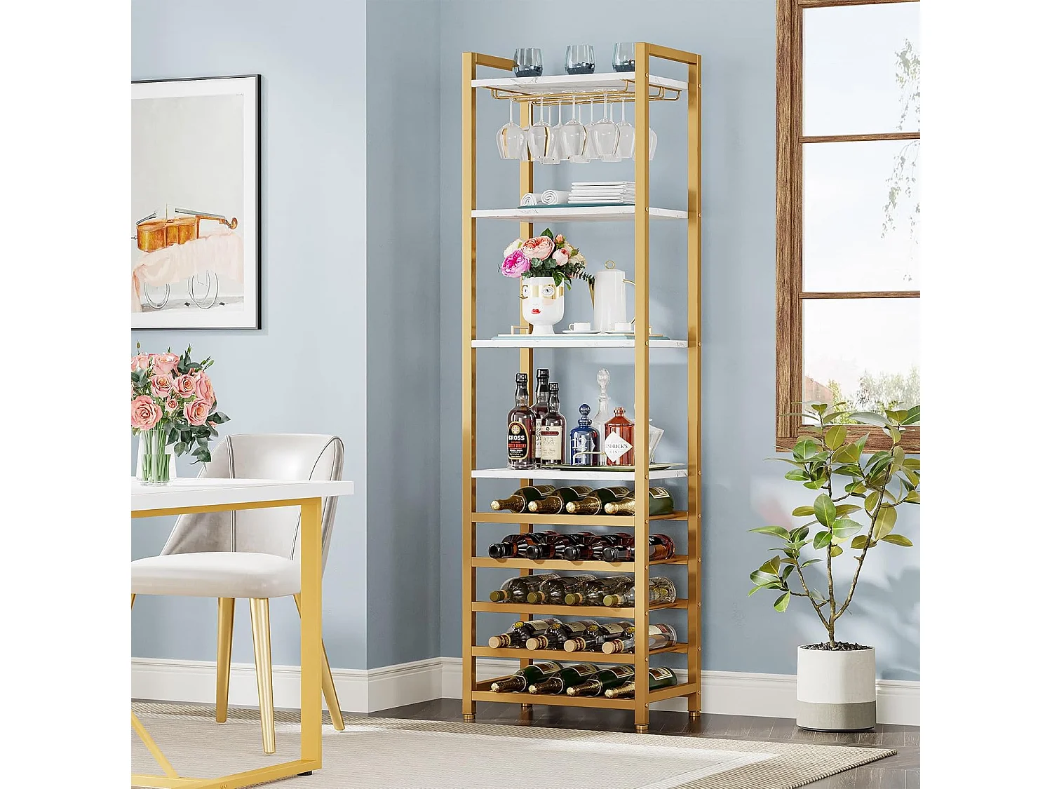 Wijnrek, 9-laags vrijstaand flessenrek met glazenhouder en opbergplanken, wit en goud