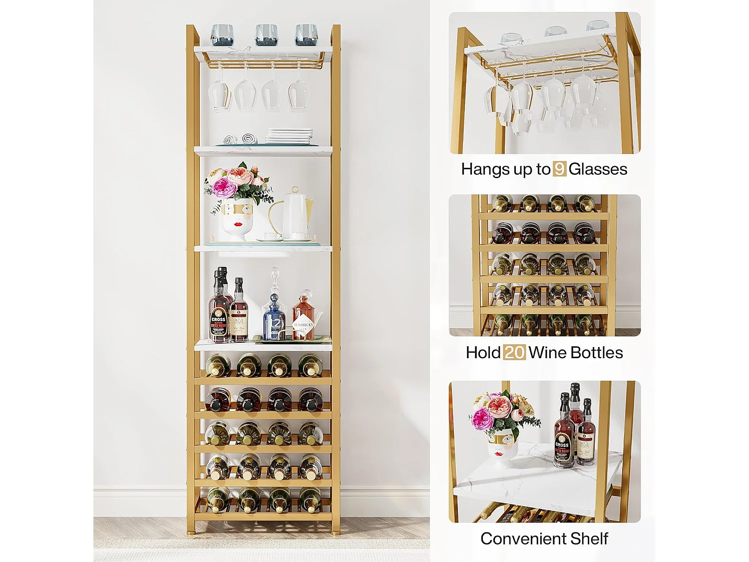 Wijnrek, 9-laags vrijstaand flessenrek met glazenhouder en opbergplanken, wit en goud