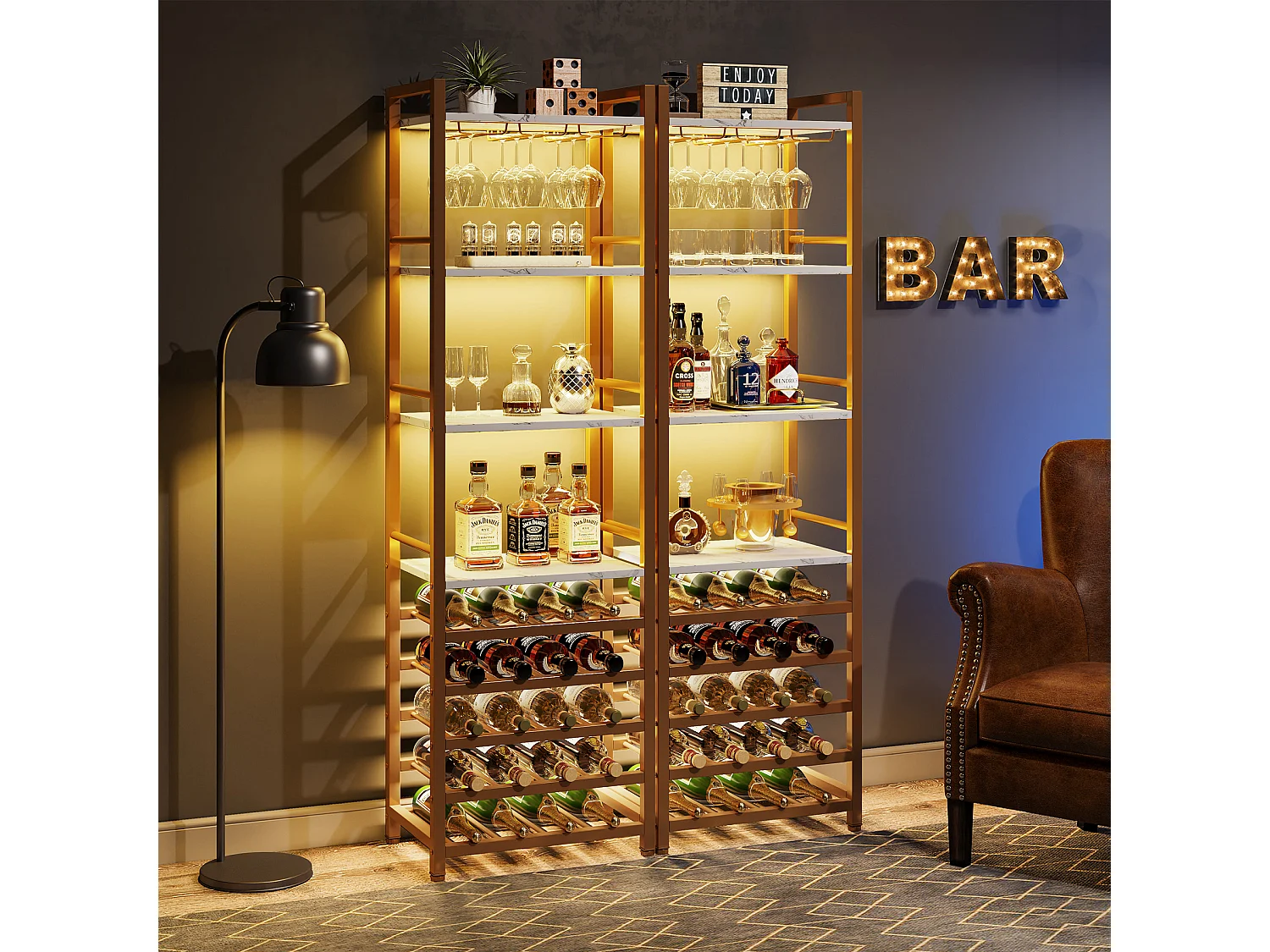 Wijnrek, 9-laags vrijstaand flessenrek met glazenhouder en opbergplanken, wit en goud