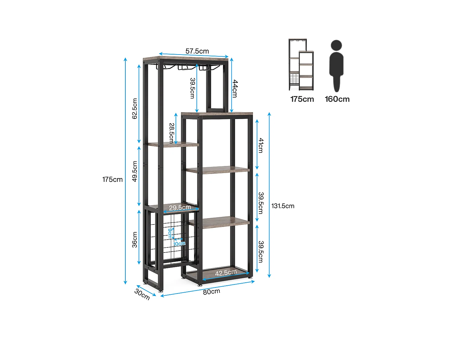 Vrijstaand wijnrek met 5 niveaus, glashouder en wijnopslag, grijs