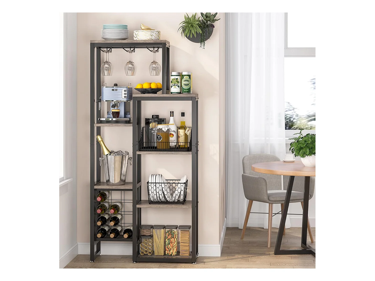 Vrijstaand wijnrek met 5 niveaus, glashouder en wijnopslag, grijs