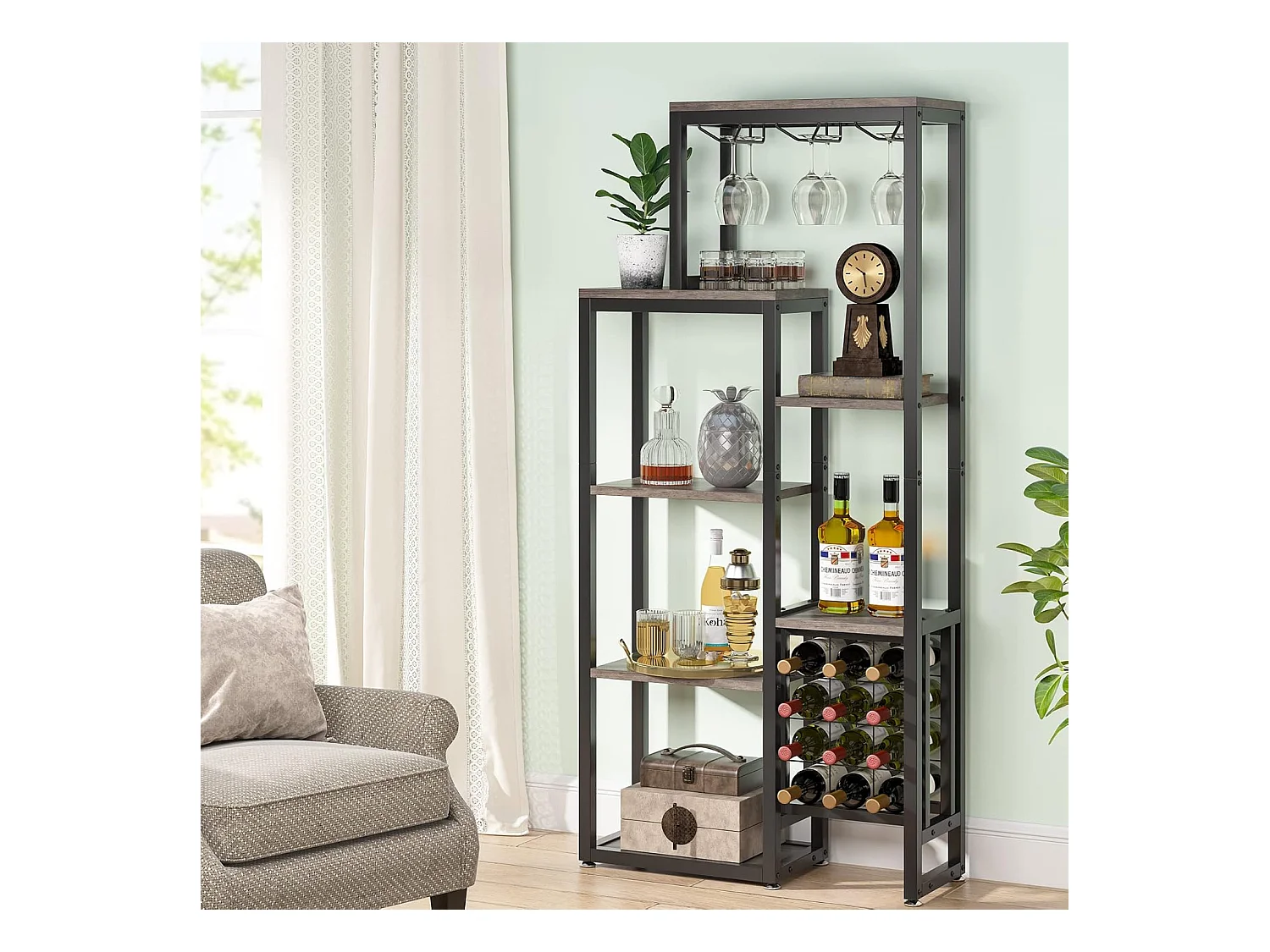 Vrijstaand wijnrek met 5 niveaus, glashouder en wijnopslag, grijs