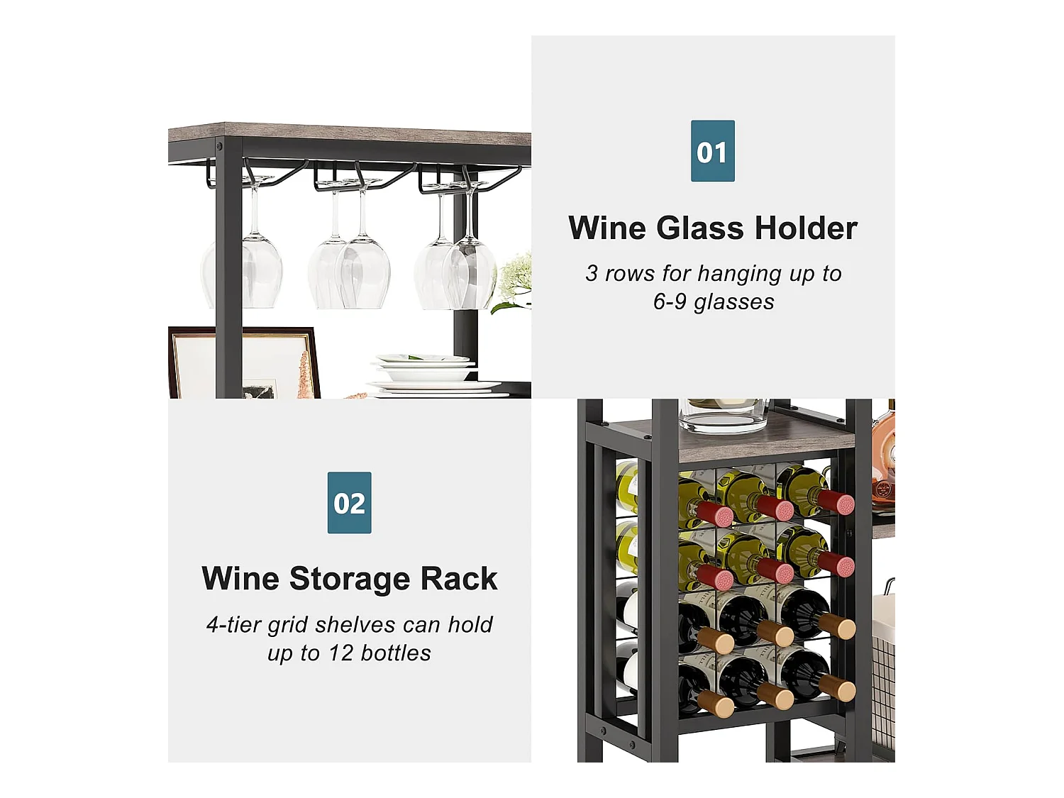 Vrijstaand wijnrek met 5 niveaus, glashouder en wijnopslag, grijs