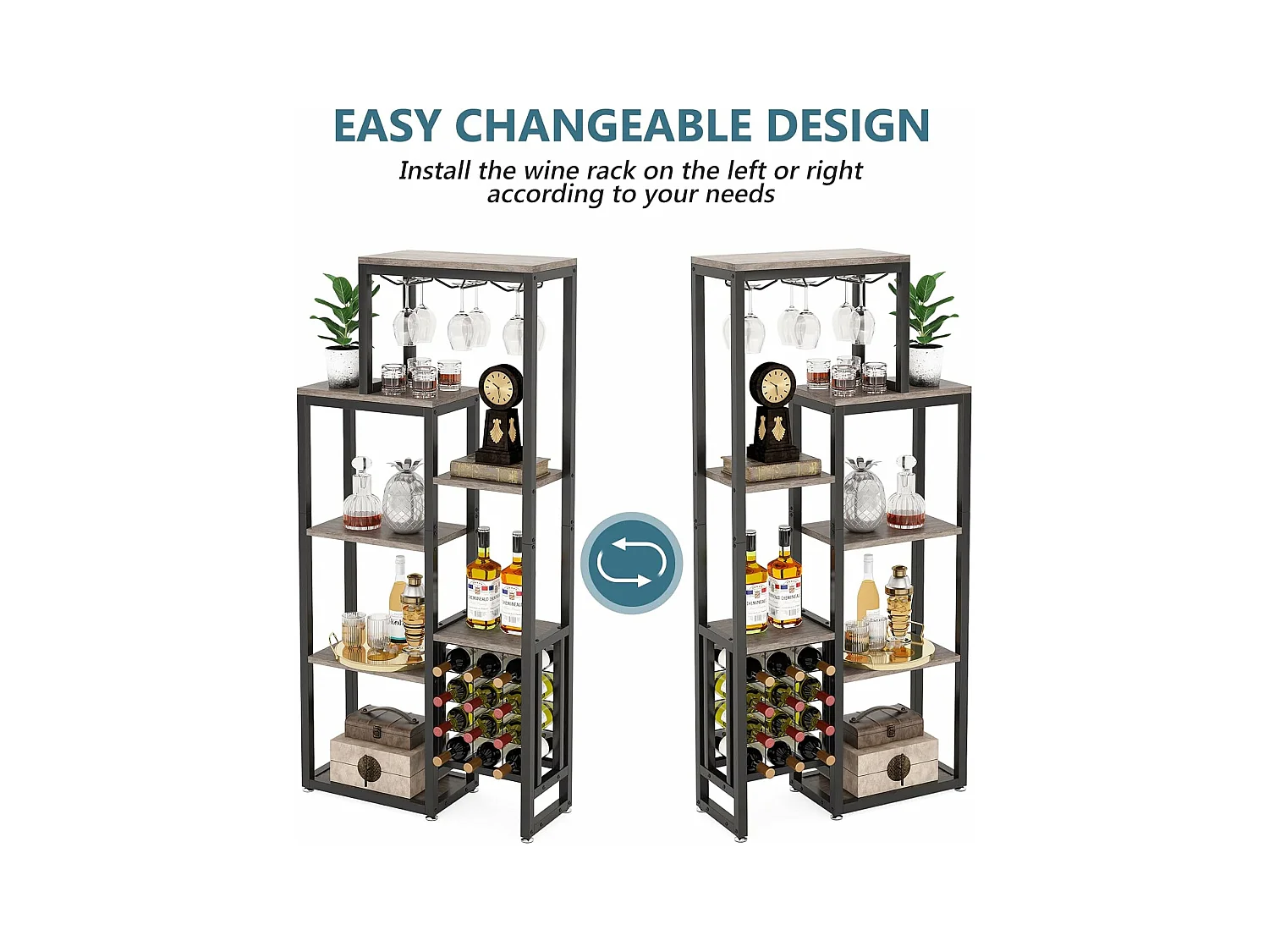 Vrijstaand wijnrek met 5 niveaus, glashouder en wijnopslag, grijs