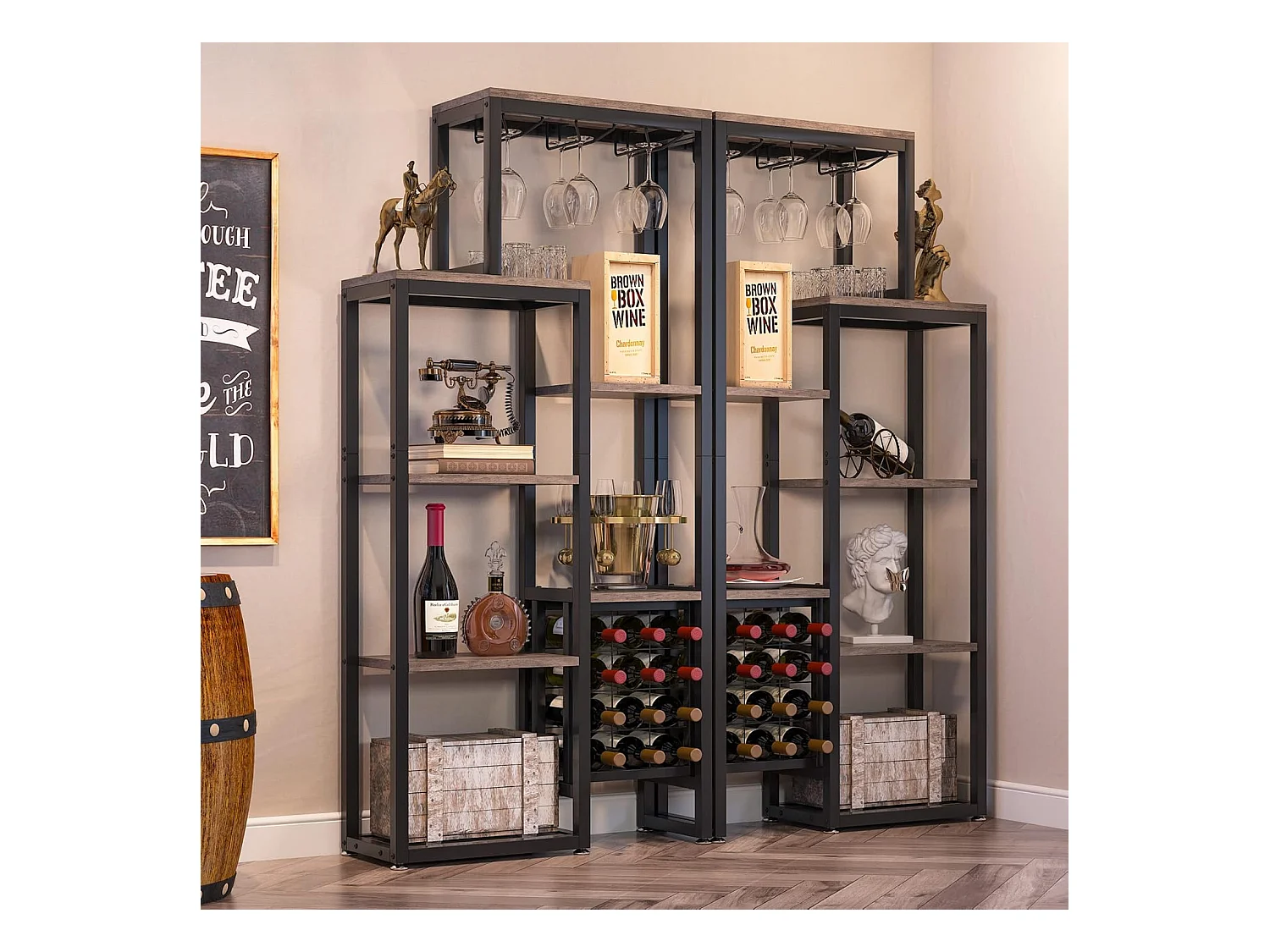 Vrijstaand wijnrek met 5 niveaus, glashouder en wijnopslag, grijs
