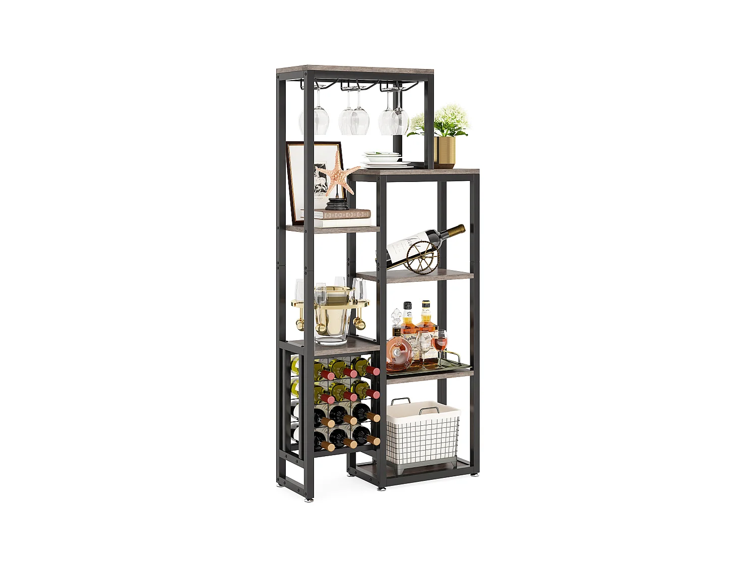 Estantería autoportante para vinos de 5 niveles con soporte para vasos y espacio de almacenamiento para vinos, color gris.