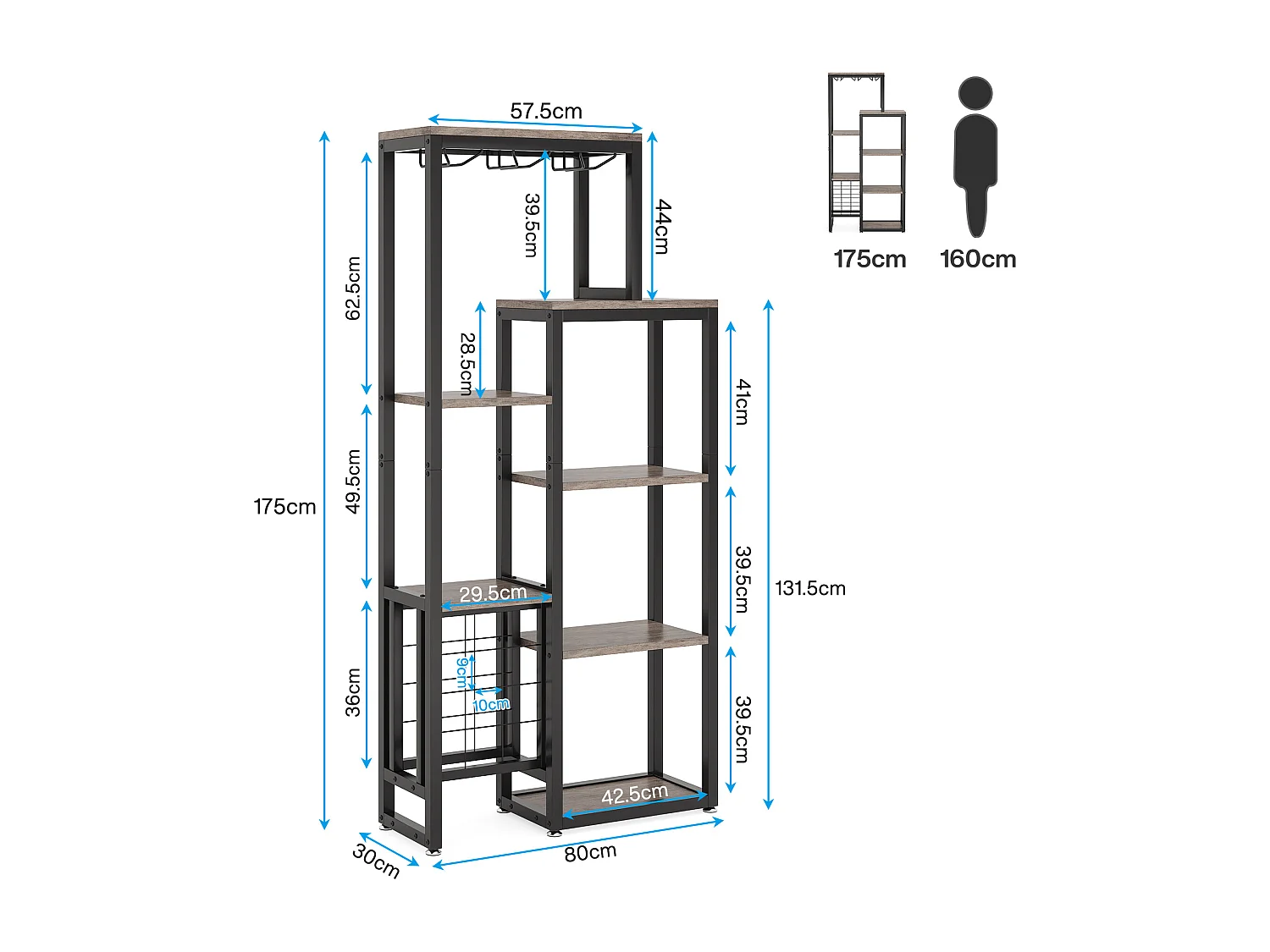 Étagère à vin autoportante à 5 niveaux avec support pour verres et rangement de vin, gris