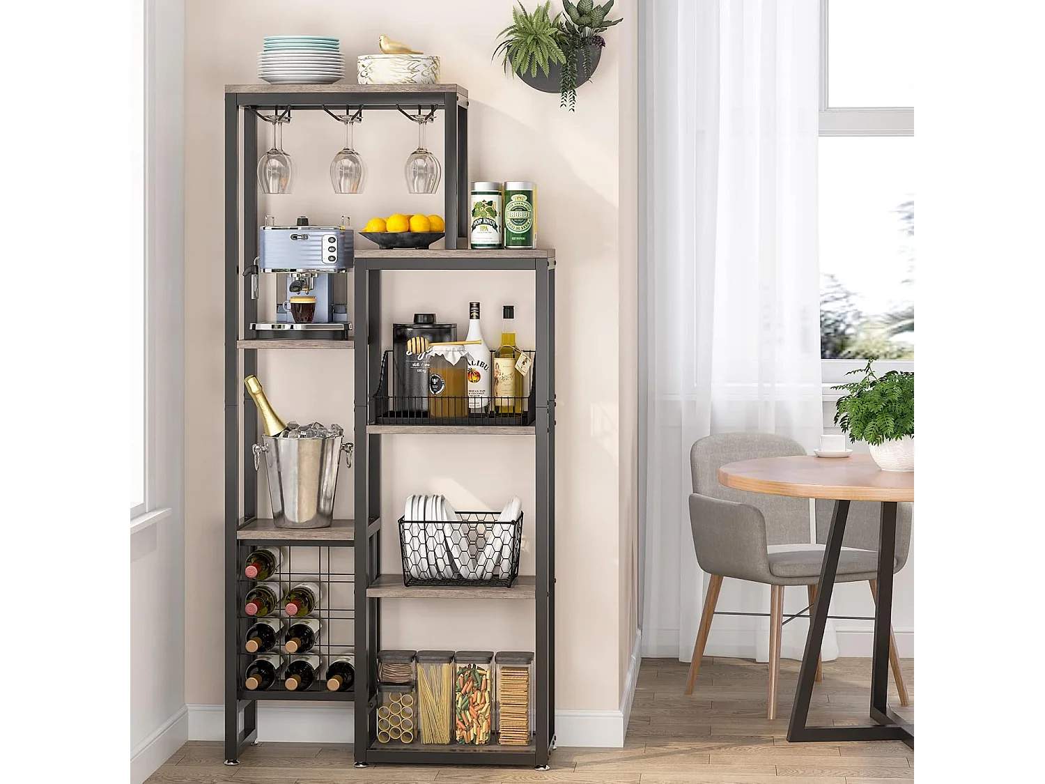 Étagère à vin autoportante à 5 niveaux avec support pour verres et rangement de vin, gris