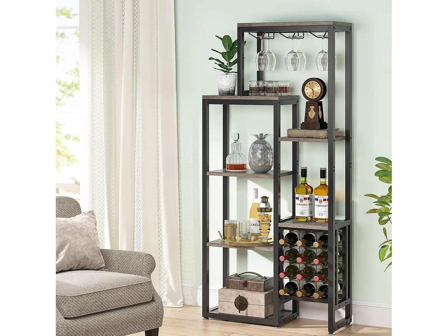 Étagère à vin autoportante à 5 niveaux avec support pour verres et rangement de vin, gris