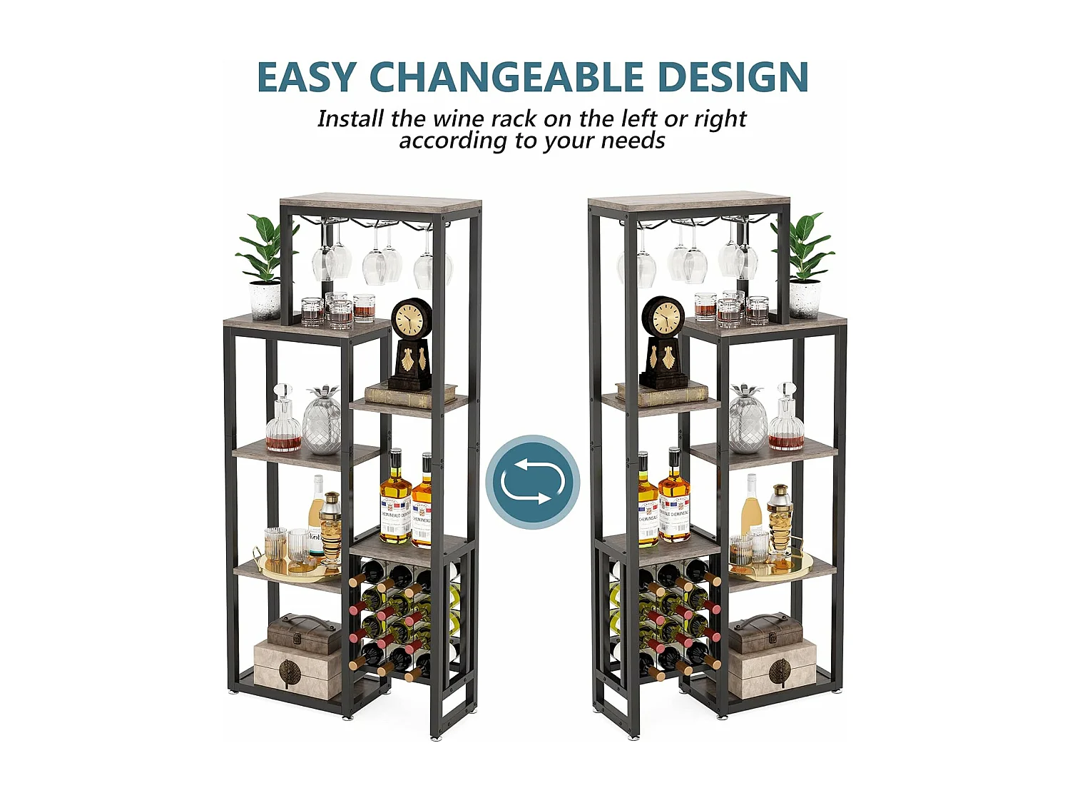 Étagère à vin autoportante à 5 niveaux avec support pour verres et rangement de vin, gris