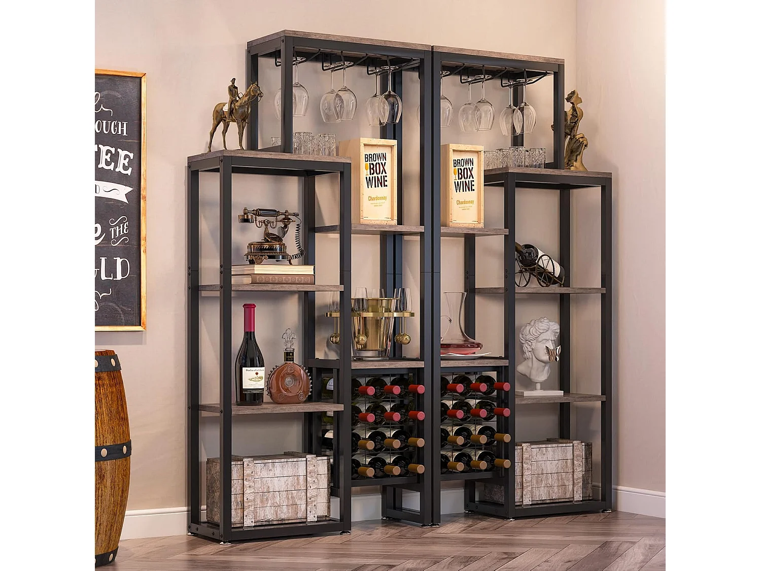 Étagère à vin autoportante à 5 niveaux avec support pour verres et rangement de vin, gris