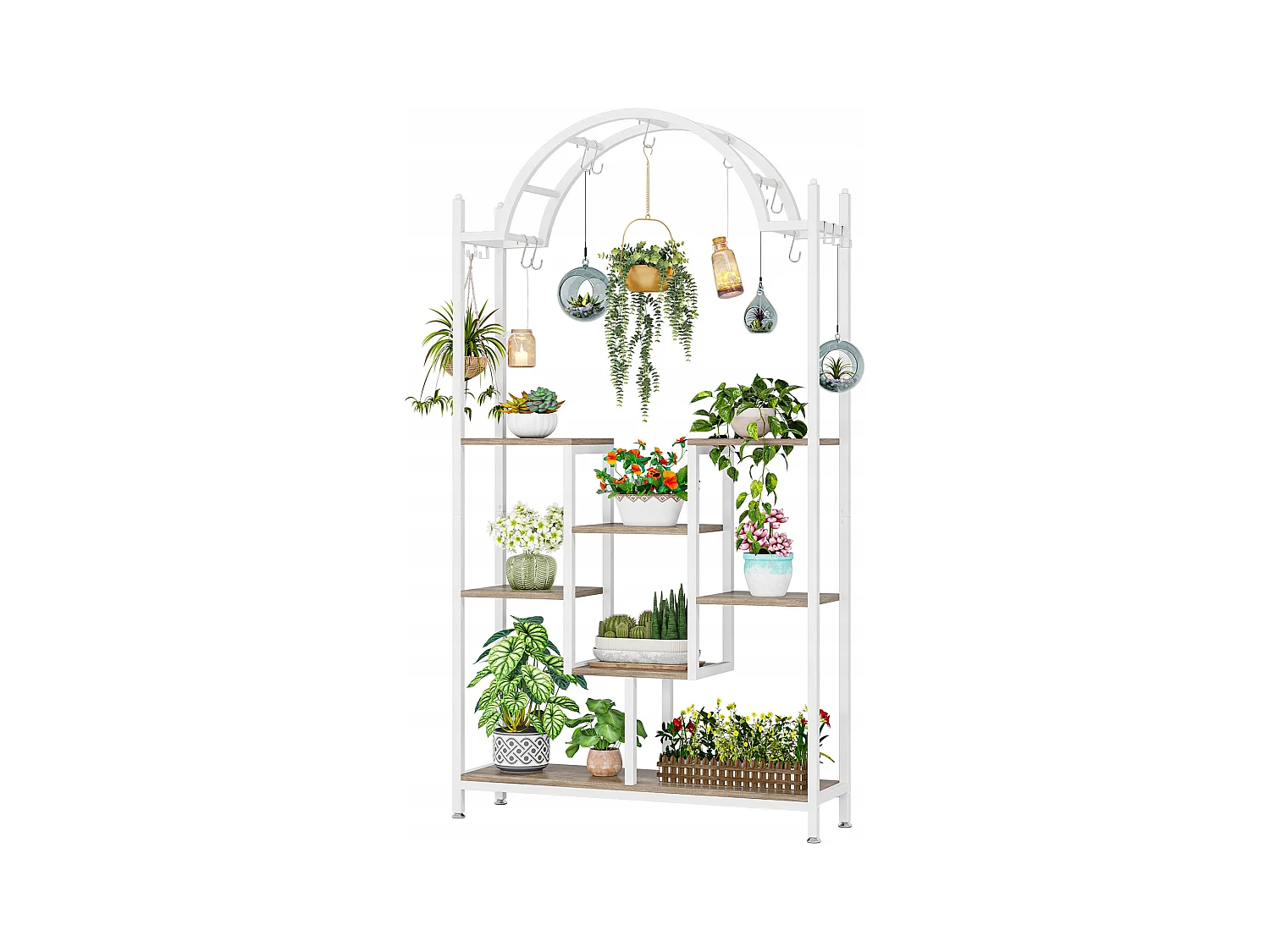 Support pour plantes d'intérieur à 5 niveaux - Étagère arquée en métal avec crochets de suspension, Blanc et gris