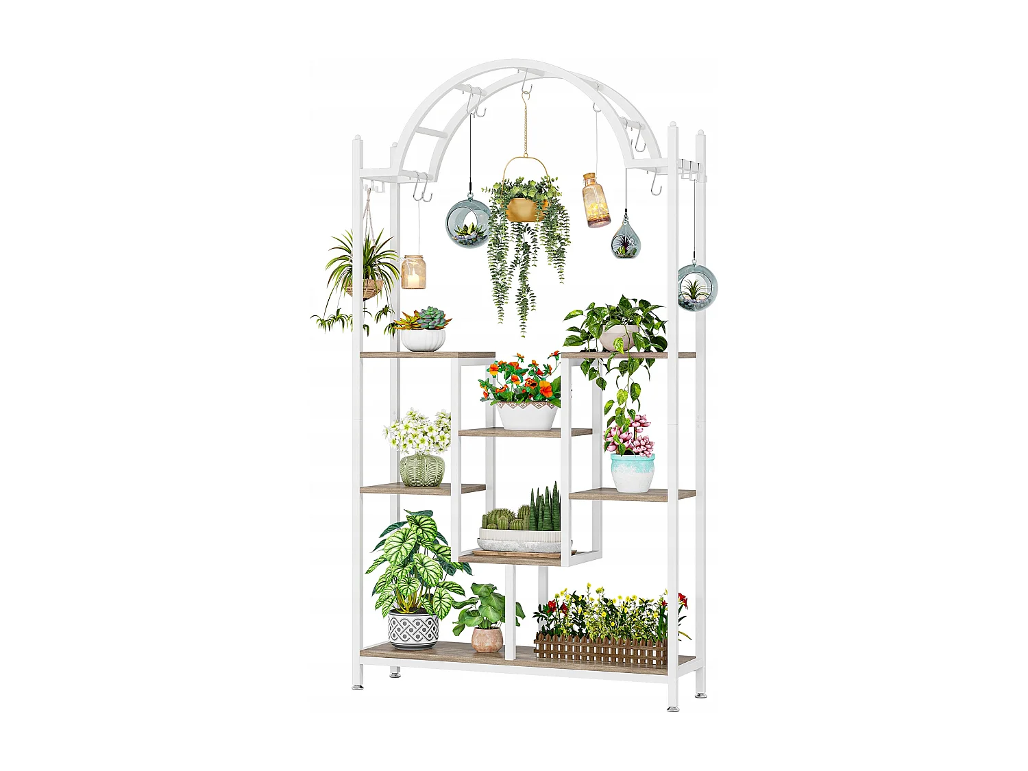 Support pour plantes d'intérieur à 5 niveaux - Étagère arquée en métal avec crochets de suspension, Blanc et gris