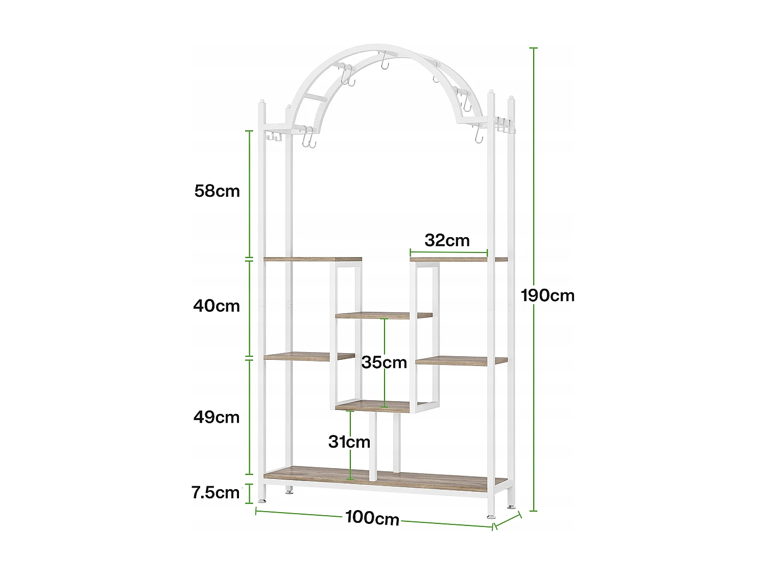 Support pour plantes d'intérieur à 5 niveaux - Étagère arquée en métal avec crochets de suspension, Blanc et gris