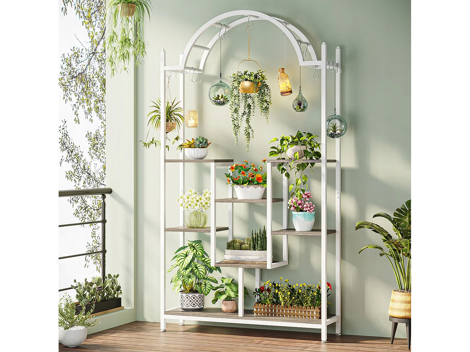 Support pour plantes d'intérieur à 5 niveaux - Étagère arquée en métal avec crochets de suspension, Blanc et gris