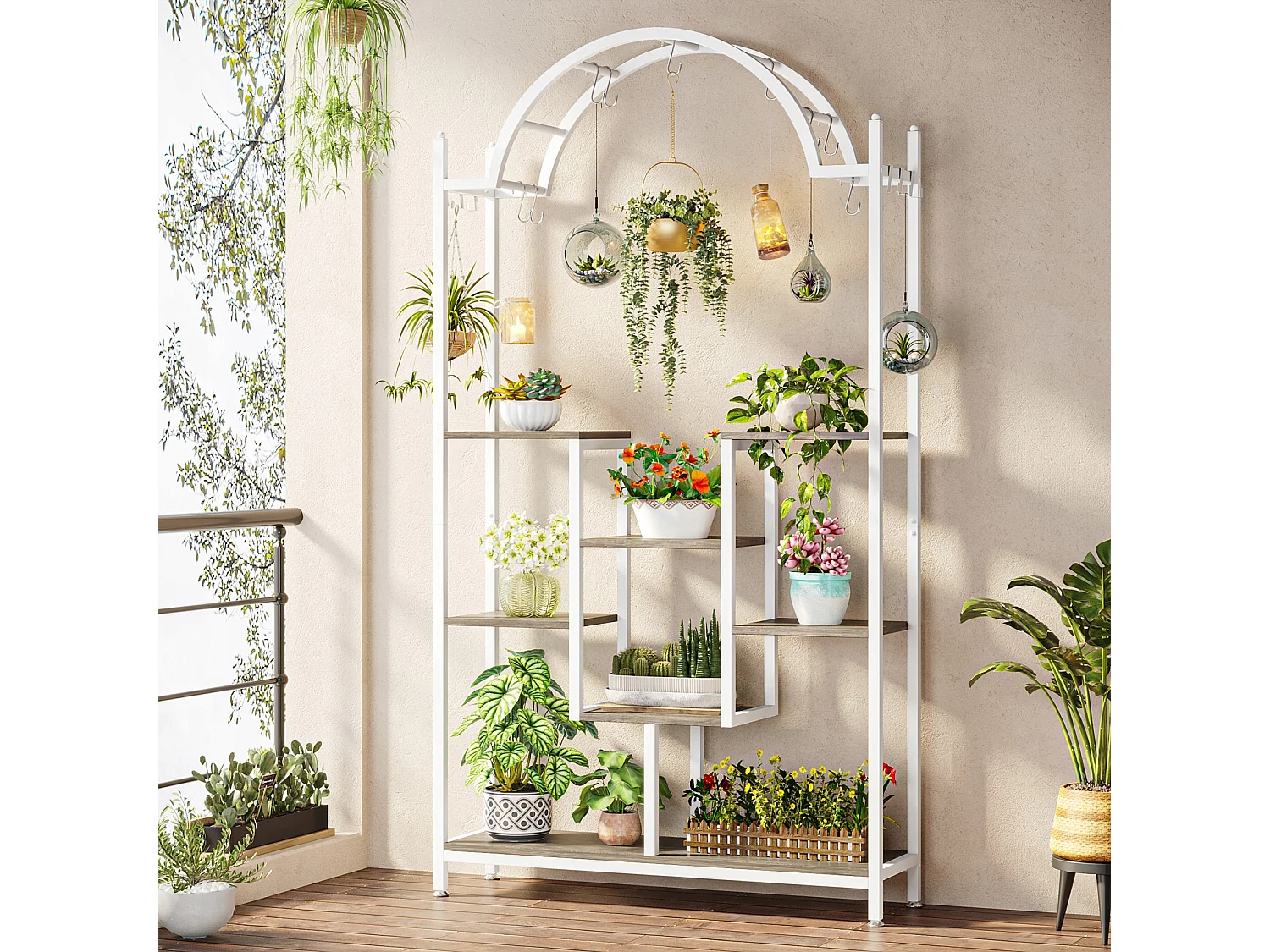 Support pour plantes d'intérieur à 5 niveaux - Étagère arquée en métal avec crochets de suspension, Blanc et gris