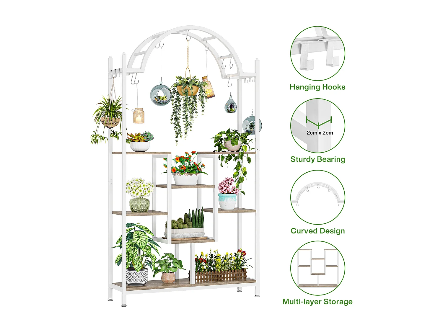 Support pour plantes d'intérieur à 5 niveaux - Étagère arquée en métal avec crochets de suspension, Blanc et gris