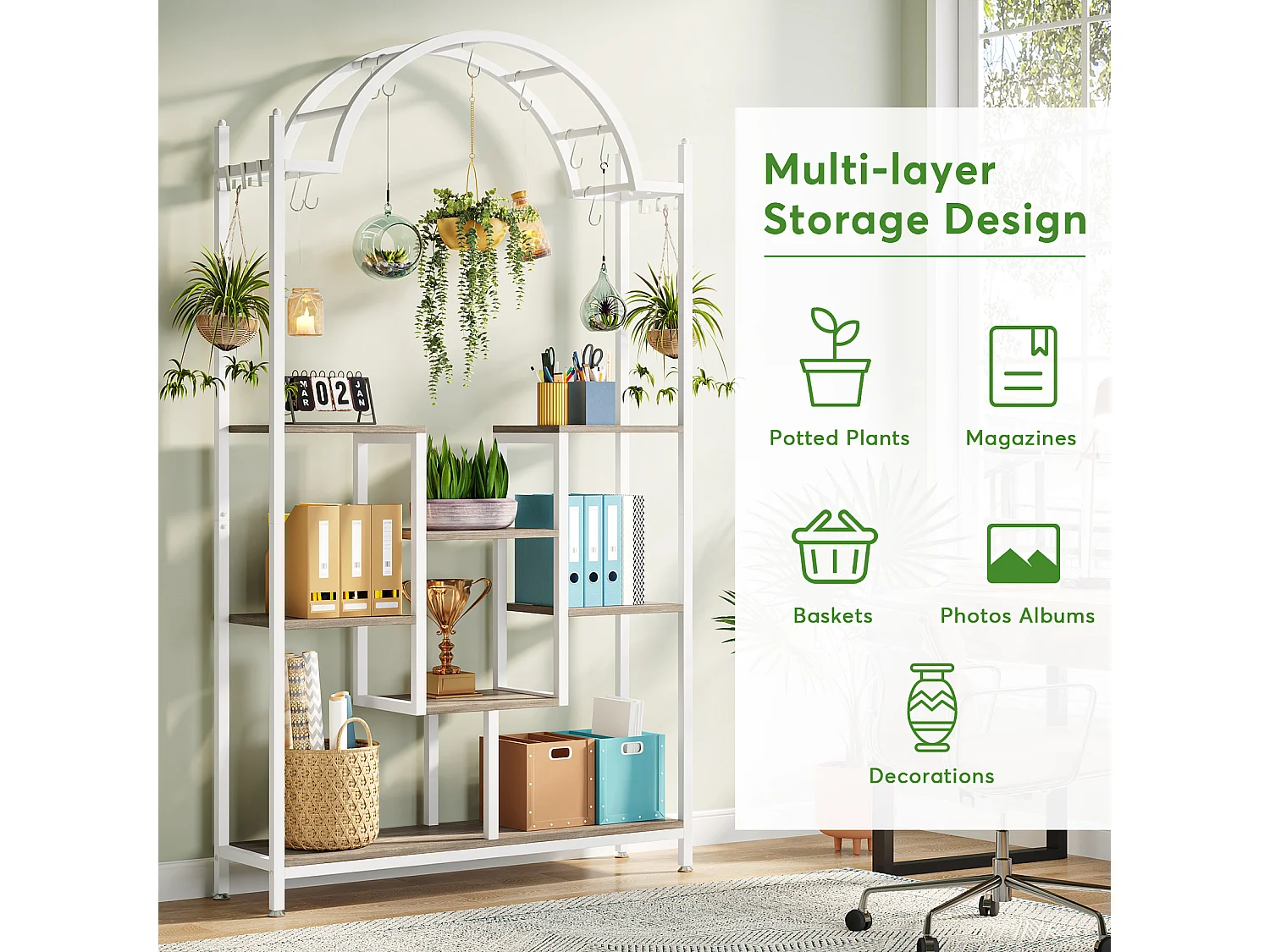 Support pour plantes d'intérieur à 5 niveaux - Étagère arquée en métal avec crochets de suspension, Blanc et gris