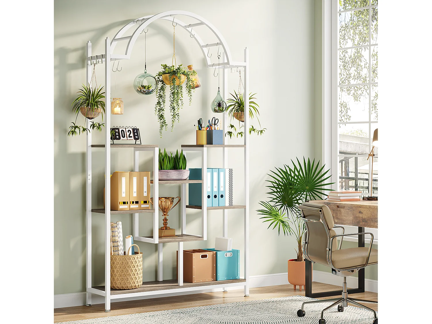 Support pour plantes d'intérieur à 5 niveaux - Étagère arquée en métal avec crochets de suspension, Blanc et gris