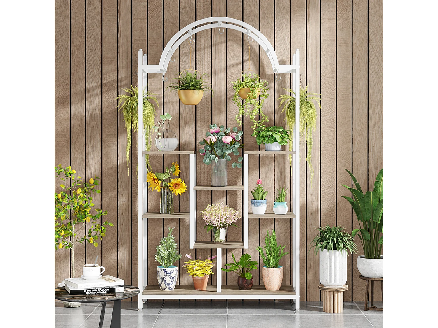 Support pour plantes d'intérieur à 5 niveaux - Étagère arquée en métal avec crochets de suspension, Blanc et gris