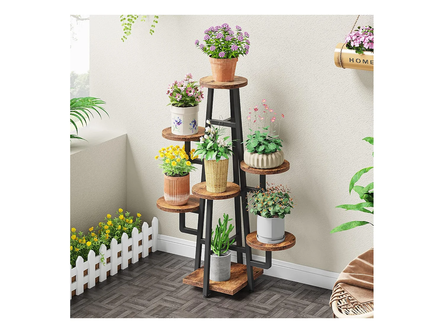 Support à 7 niveaux pour plantes d'intérieur, grande étagère pour plantes multiples, marron rustique