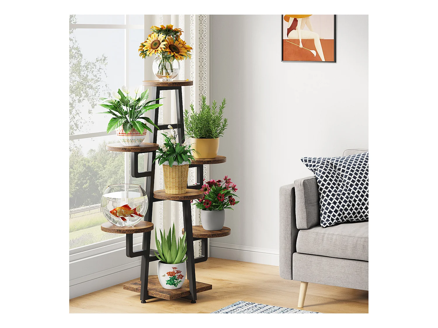 Support à 7 niveaux pour plantes d'intérieur, grande étagère pour plantes multiples, marron rustique