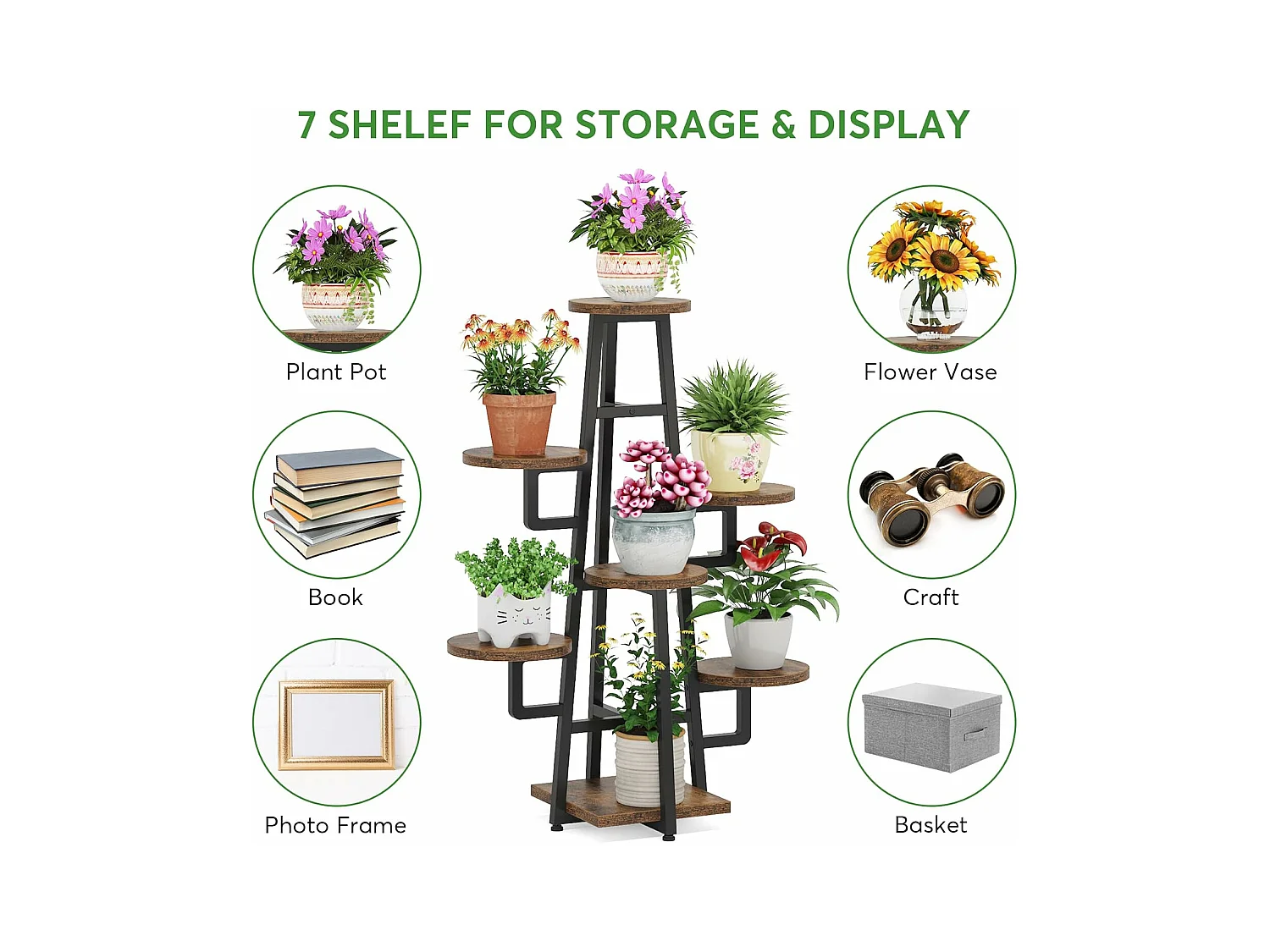 Support à 7 niveaux pour plantes d'intérieur, grande étagère pour plantes multiples, marron rustique