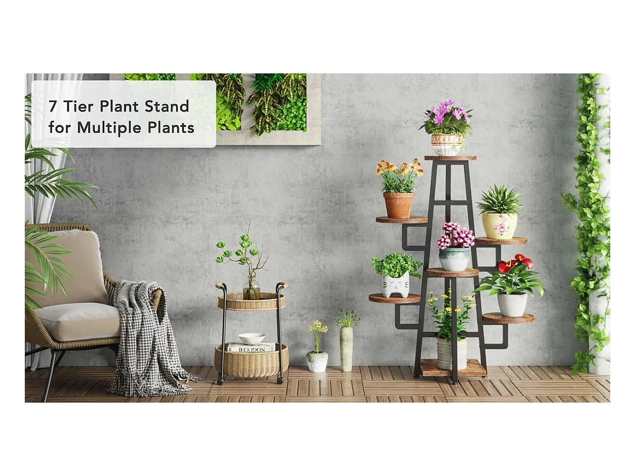 Support à 7 niveaux pour plantes d'intérieur, grande étagère pour plantes multiples, marron rustique