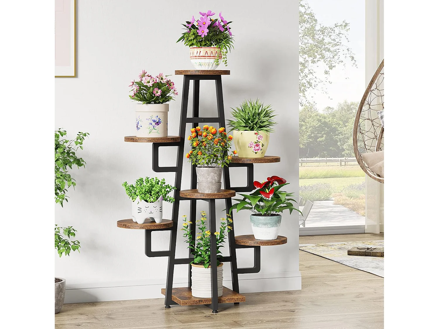 Support à 7 niveaux pour plantes d'intérieur, grande étagère pour plantes multiples, marron rustique