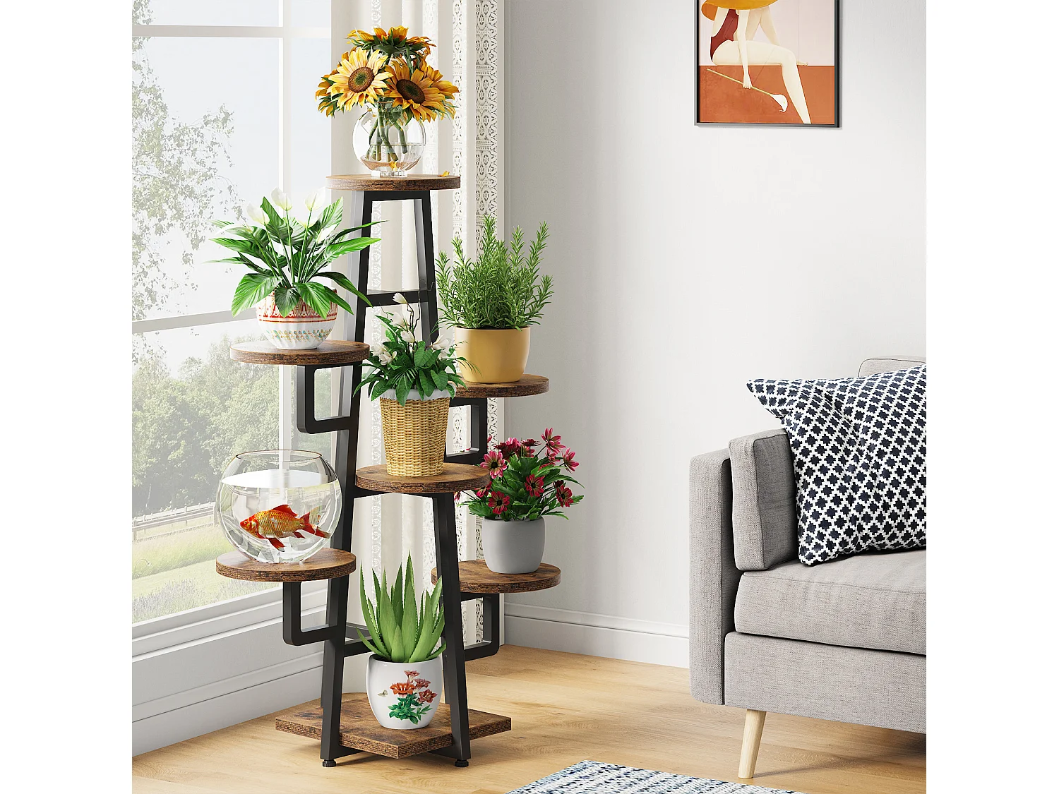 Support à 7 niveaux pour plantes d'intérieur, grande étagère pour plantes multiples, marron rustique