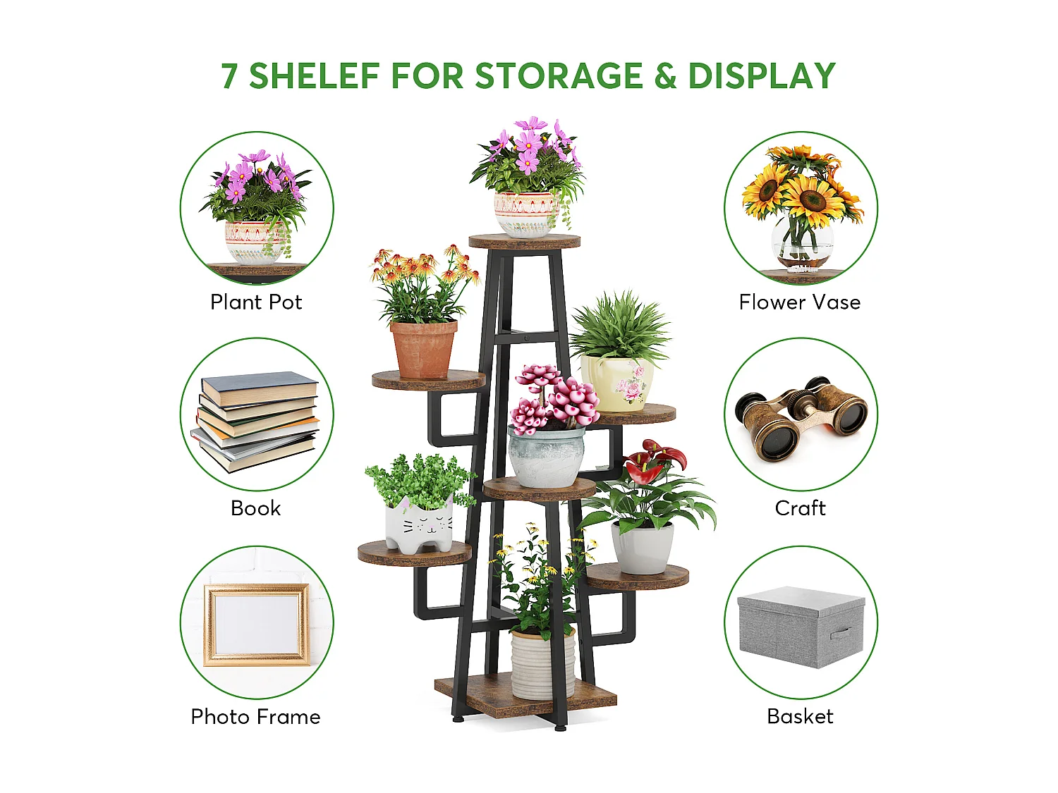 Support à 7 niveaux pour plantes d'intérieur, grande étagère pour plantes multiples, marron rustique