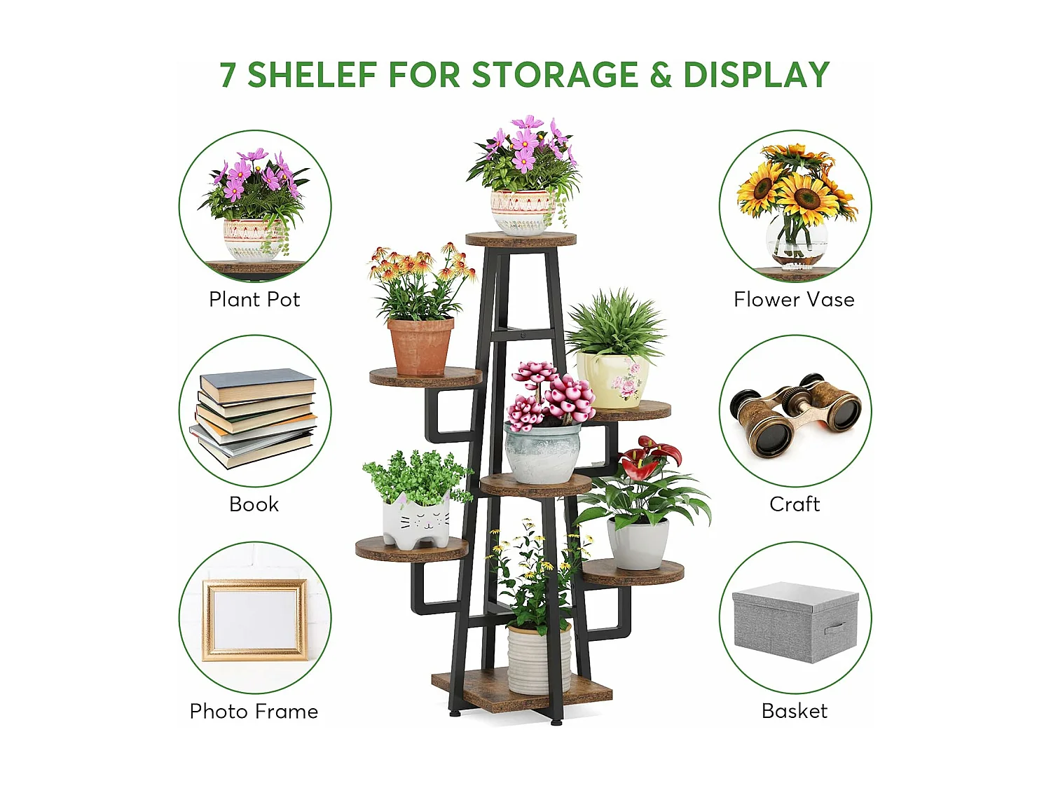 Support à 7 niveaux pour plantes d'intérieur, grande étagère pour plantes multiples, marron rustique