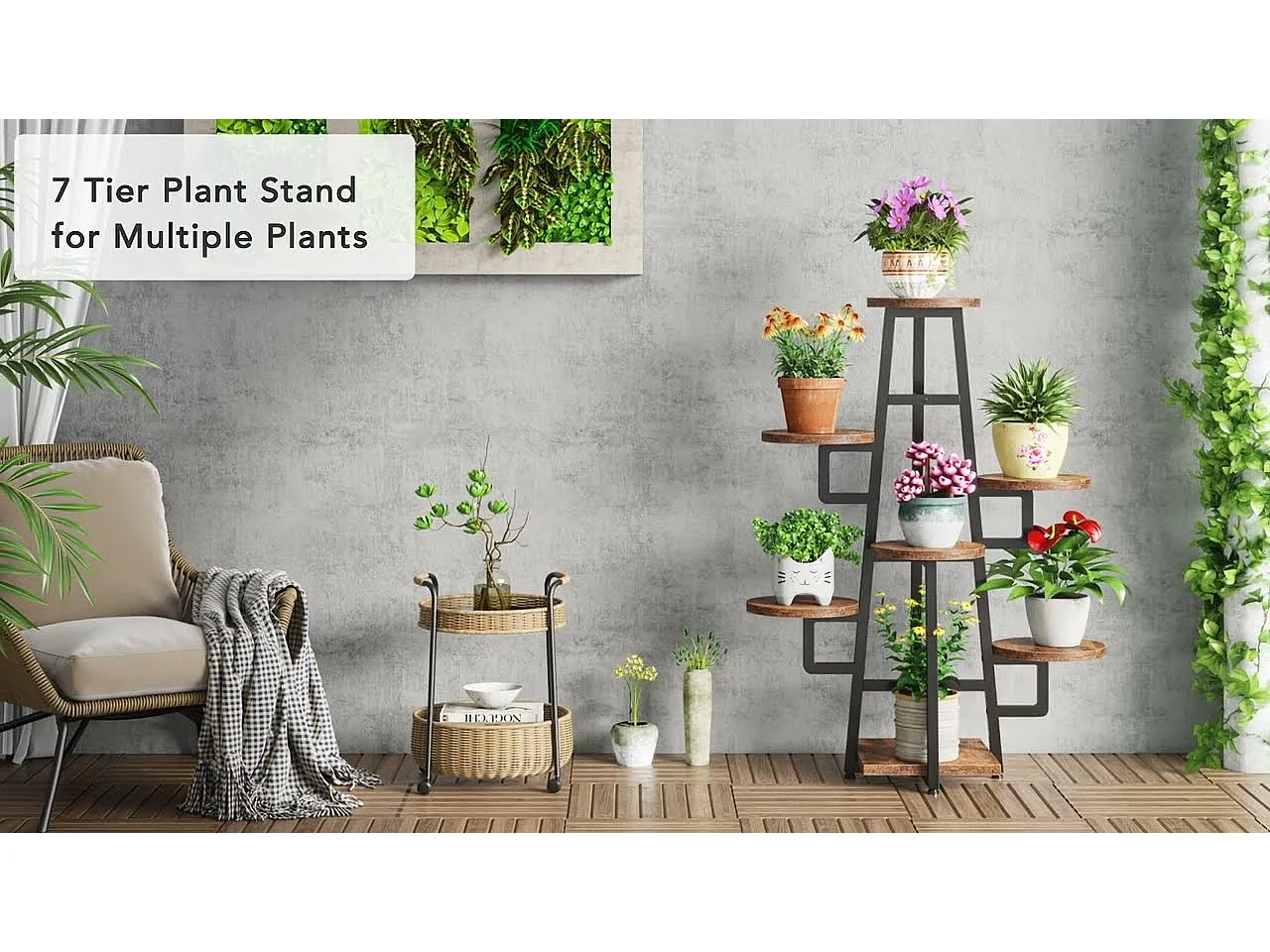 Support à 7 niveaux pour plantes d'intérieur, grande étagère pour plantes multiples, marron rustique