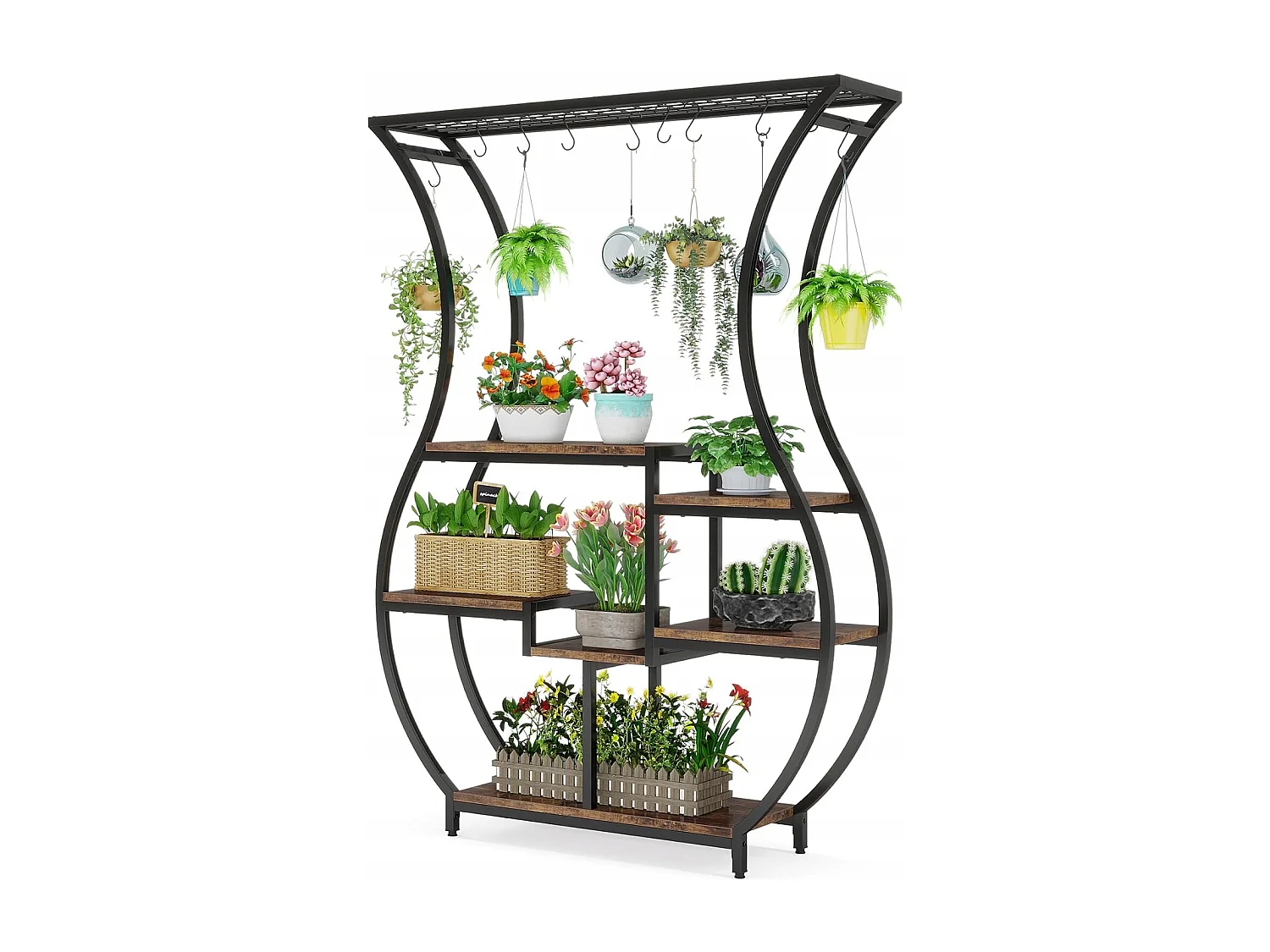 Support de plantes d'intérieur 6 étages pour 7 pots de fleurs, 180 cm, Étagère pour plantes en métal avec 10 crochets en S, - Brun Rustique