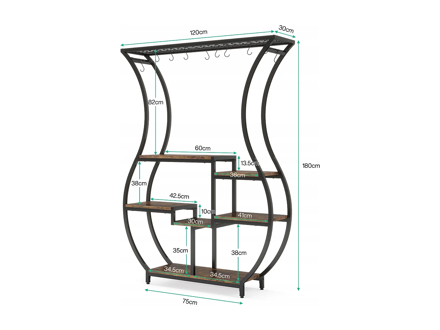 Support de plantes d'intérieur 6 étages pour 7 pots de fleurs, 180 cm, Étagère pour plantes en métal avec 10 crochets en S, - Brun Rustique