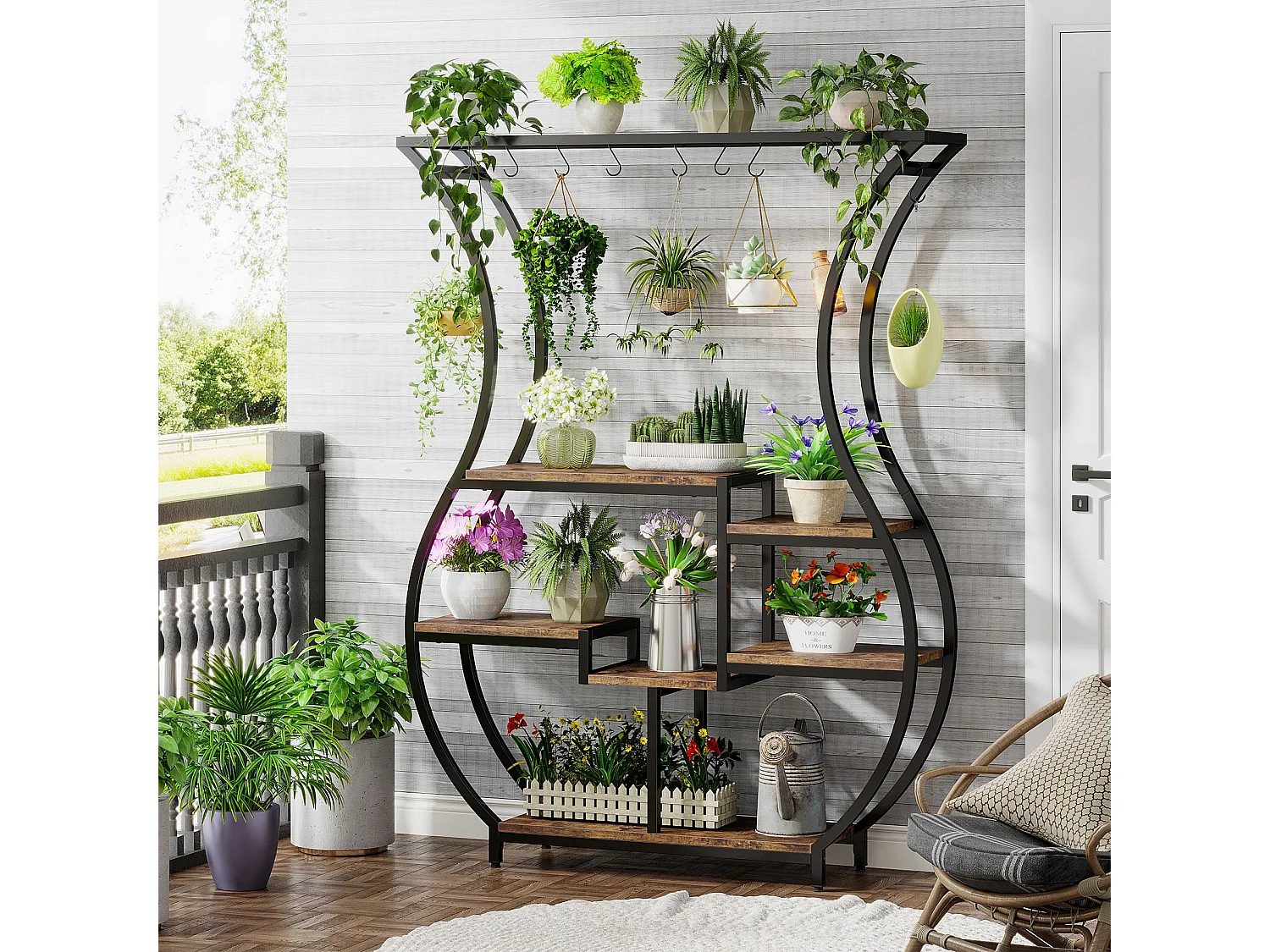 Support de plantes d'intérieur 6 étages pour 7 pots de fleurs, 180 cm, Étagère pour plantes en métal avec 10 crochets en S, - Brun Rustique