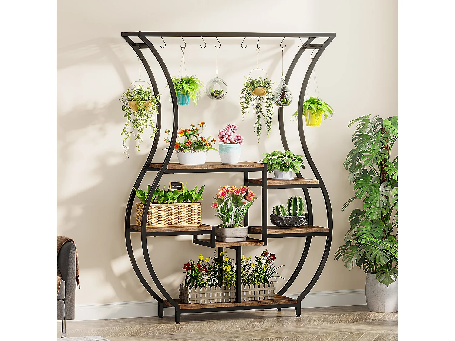 Support de plantes d'intérieur 6 étages pour 7 pots de fleurs, 180 cm, Étagère pour plantes en métal avec 10 crochets en S, - Brun Rustique