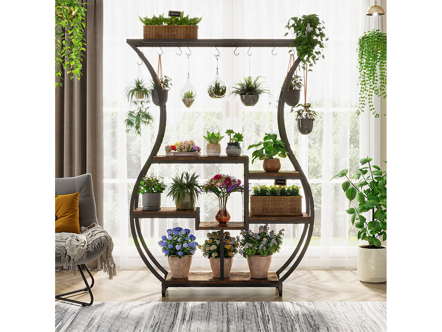 Support de plantes d'intérieur 6 étages pour 7 pots de fleurs, 180 cm, Étagère pour plantes en métal avec 10 crochets en S, - Brun Rustique