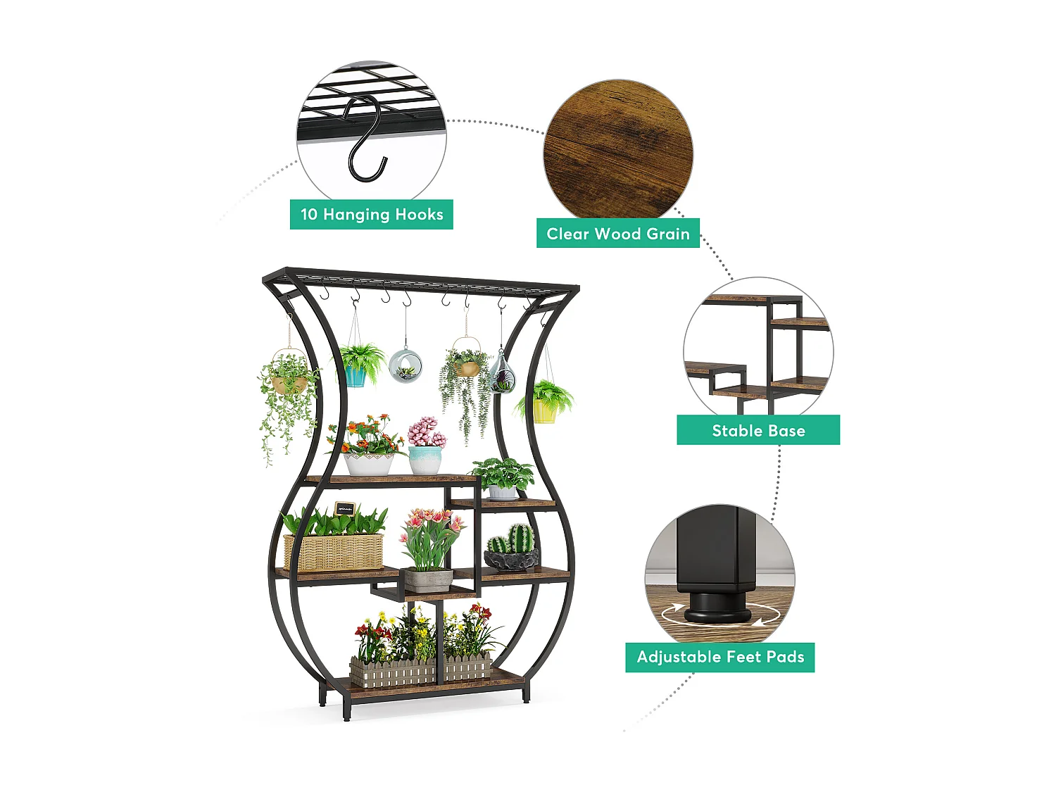 Support de plantes d'intérieur 6 étages pour 7 pots de fleurs, 180 cm, Étagère pour plantes en métal avec 10 crochets en S, - Brun Rustique