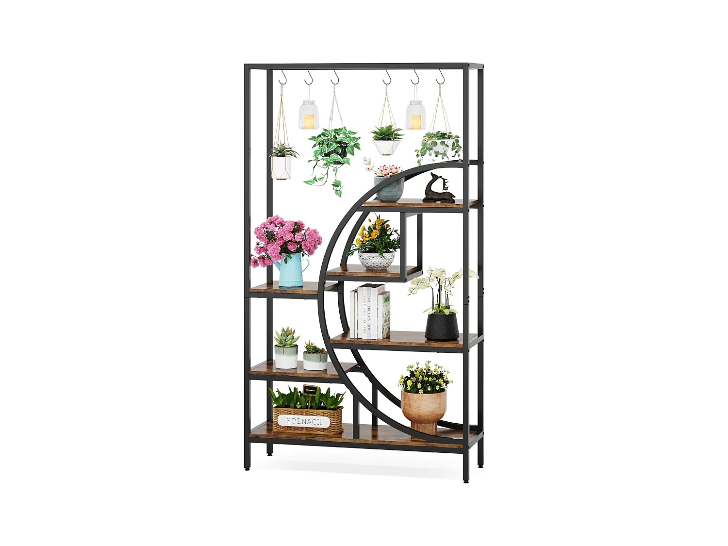 7-laags plantenrek voor binnen, 180 cm halvemaanvormig plantenrek met 6 S-vormige ophanghaken, 1 st.