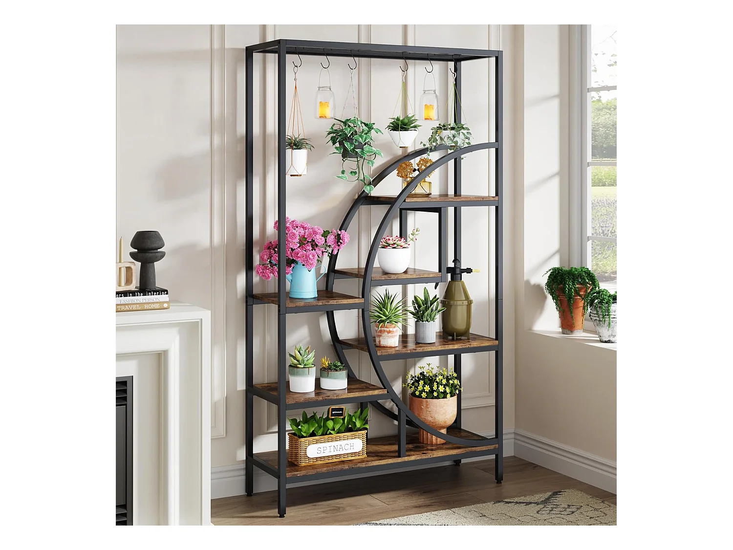 7-laags plantenrek voor binnen, 180 cm halvemaanvormig plantenrek met 6 S-vormige ophanghaken, 1 st.