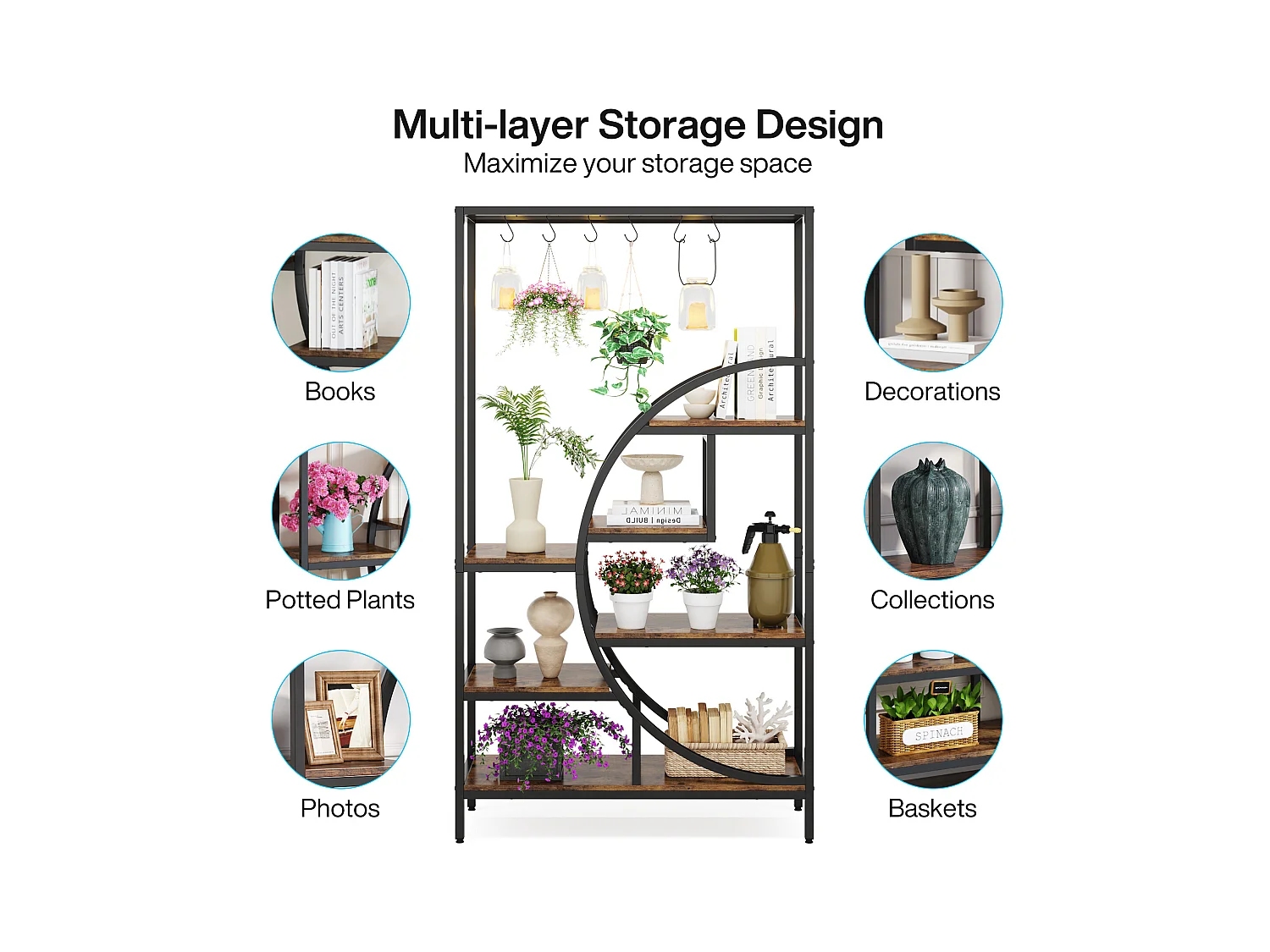 7-laags plantenrek voor binnen, 180 cm halvemaanvormig plantenrek met 6 S-vormige ophanghaken, 1 st.