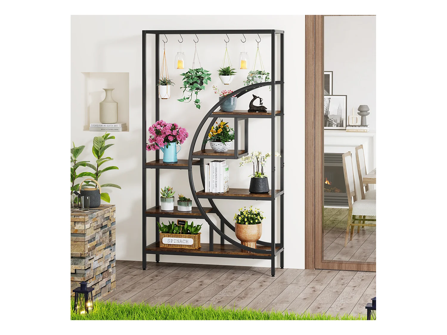 7-laags plantenrek voor binnen, 180 cm halvemaanvormig plantenrek met 6 S-vormige ophanghaken, 1 st.