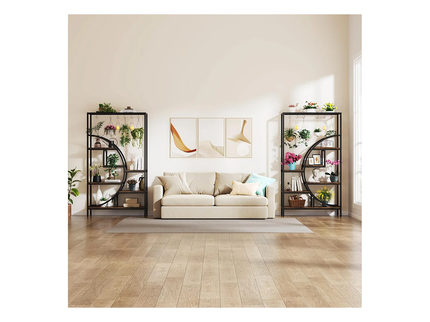 7-laags plantenrek voor binnen, 180 cm halvemaanvormig plantenrek met 6 S-vormige ophanghaken, 1 st.