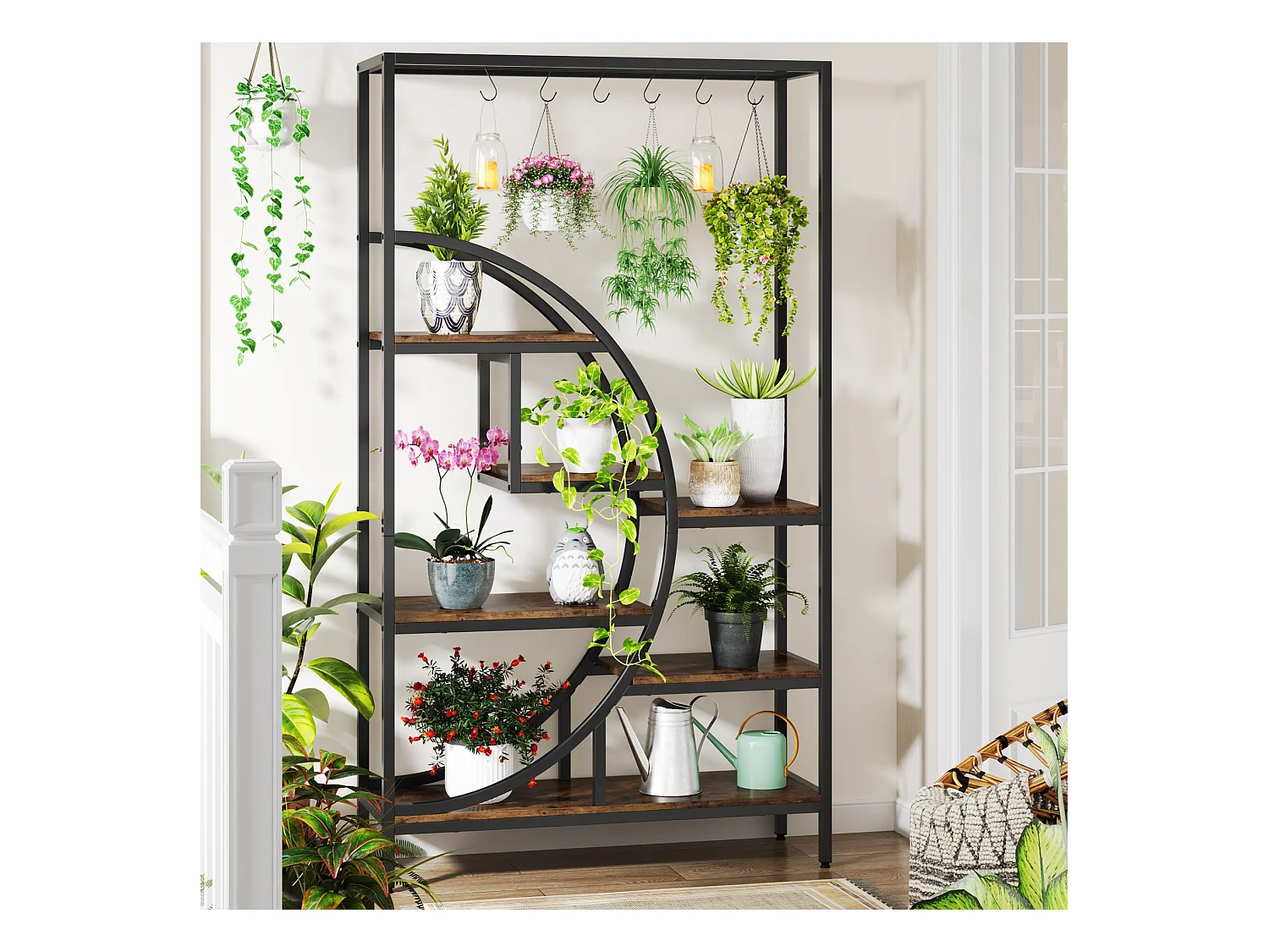 7-laags plantenrek voor binnen, 180 cm halvemaanvormig plantenrek met 6 S-vormige ophanghaken, 1 st.