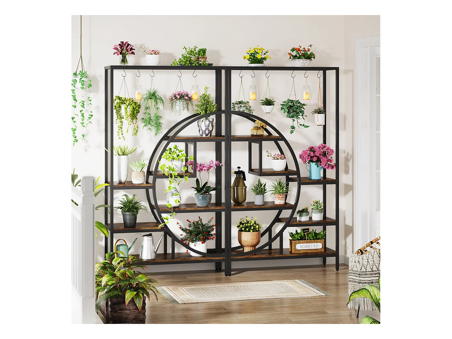 7-laags plantenrek voor binnen, 180 cm halvemaanvormig plantenrek met 6 S-vormige ophanghaken, 1 st.