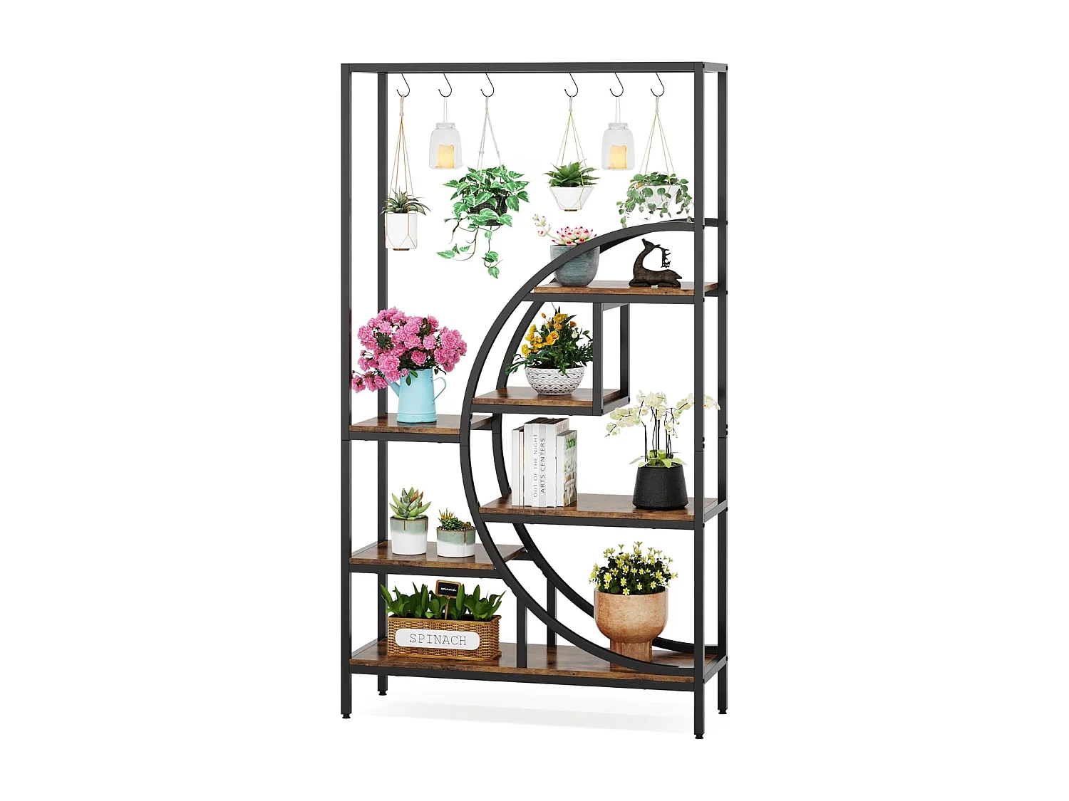 7-laags plantenrek voor binnen, 180 cm halvemaanvormig plantenrek met 6 S-vormige ophanghaken, 1 st.