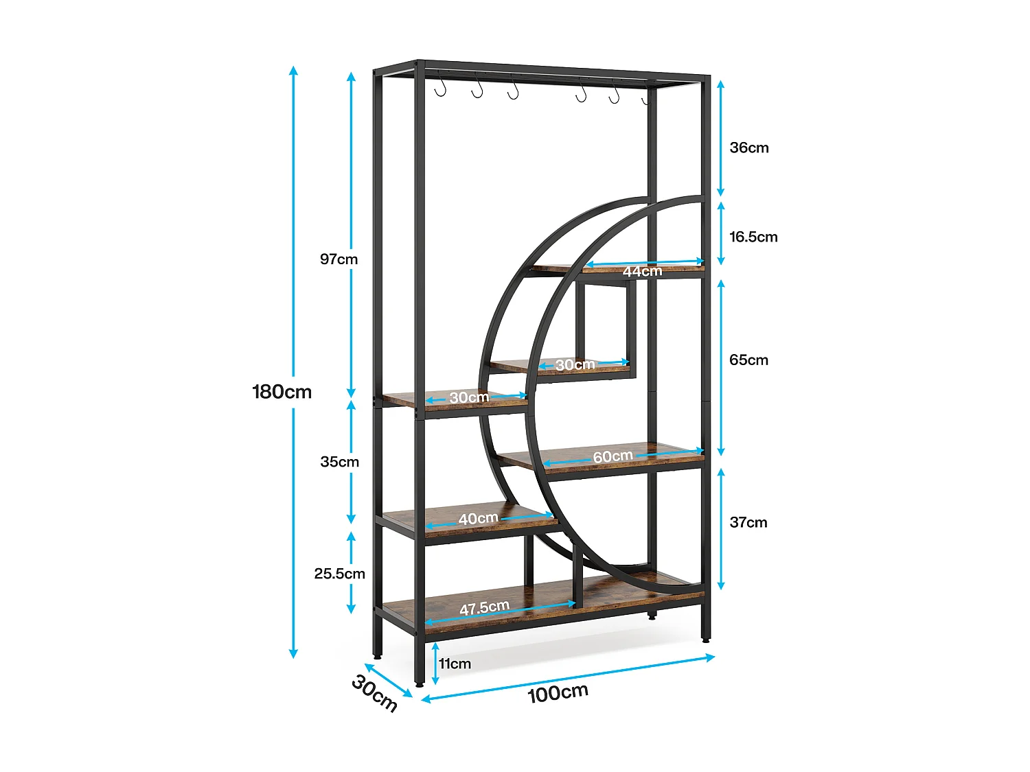 7-laags plantenrek voor binnen, 180 cm halvemaanvormig plantenrek met 6 S-vormige ophanghaken, 1 st.