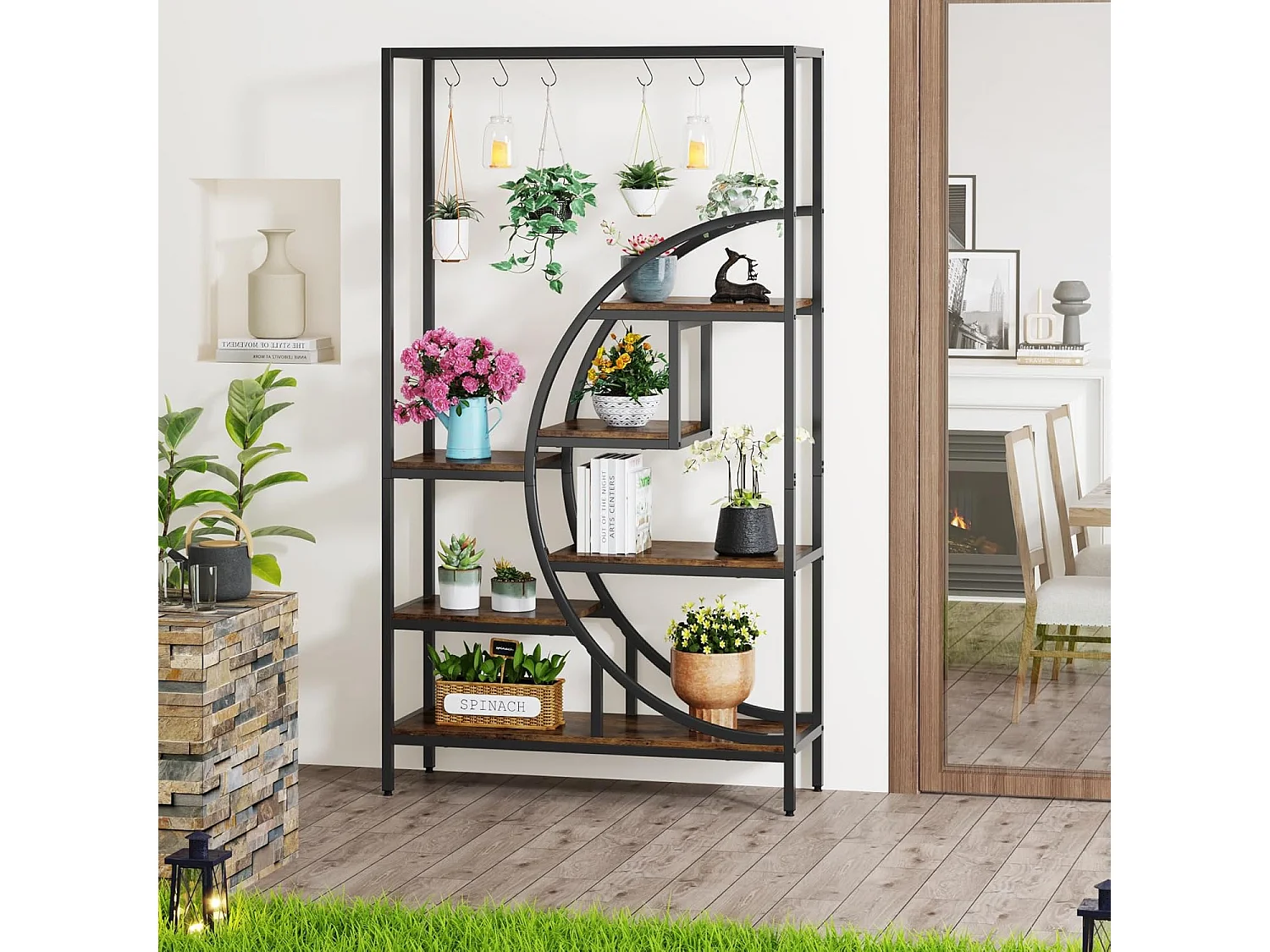 7-laags plantenrek voor binnen, 180 cm halvemaanvormig plantenrek met 6 S-vormige ophanghaken, 1 st.